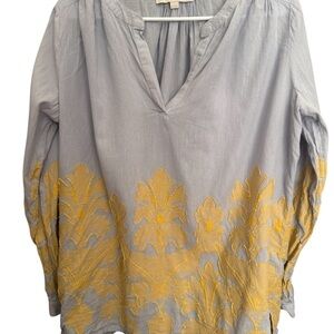 LOFT Gray Blouse with Gold Embroidery